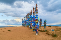 Pagan Buryat Pole Totems on Olkhon island, Lake Baikal, Siberia, Russia