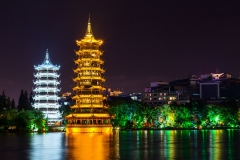 Sun and Moon twin double pagodas and Shanhu lake in Guilin